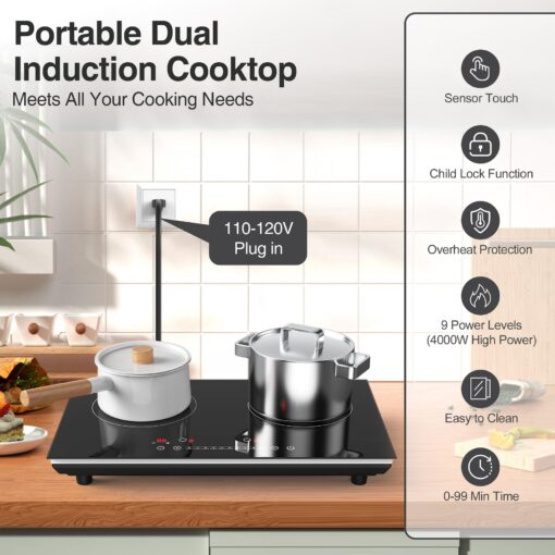 VBGK Double Induction Cooktop,4000W Induction Stove Top 110V Induction Hot Plate Electric Burner Portable Induction cooktop 2 burner with LCD Touch Screen 9 Levels Settings Child Safety Lock & Timer - Image 8