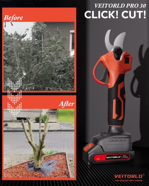 VEITORLD 2-IN-1 Cordless Electric Pole Pruning Shears, 15ft Reach, 1.2" Cutting Diameter, Battery Powered with 2x 2000mAh, Brushless Motor for Efficient Garden Tree Trimming, Branch Cutting（Red） - Image 2