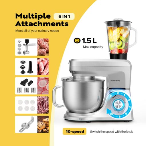 VIVOHOME 6 in 1 Multifunctional Stand Mixer with 8.5 Quart Stainless Steel Bowl, 660W 10 Speed Tilt-Head Meat Grinder, Juice Blender, Vegetable Slicer, Pasta and Cookie Maker, Silver - Image 6
