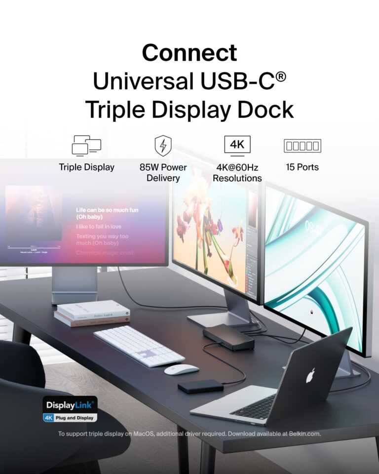 Belkin 15-in-1 Universal Triple Display DisplayLink Docking Station Hub w/ 3 HDMI Ports, 2 DisplayPorts for Triple 4K Display w/ 85W PD, Gigabit Ethernet, 3.5mm Mic/Speaker, 1 USB-C, & 5 USB-A Ports - Image 8