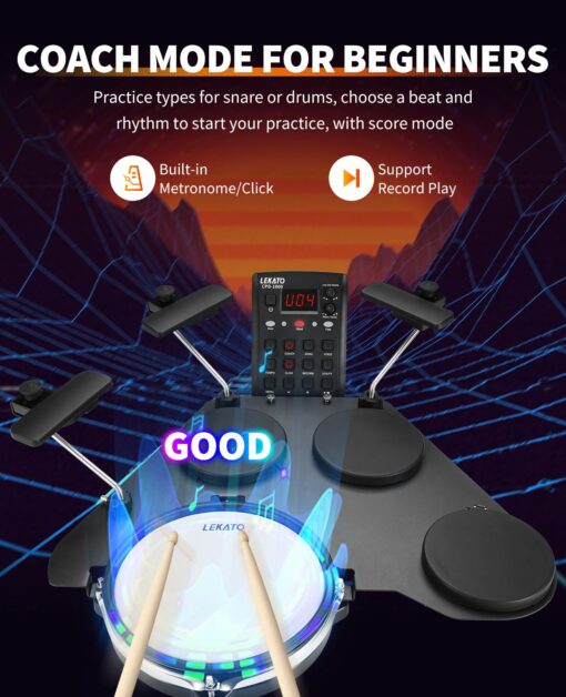 LEKATO Electronic Drum Set, Portable Electric Drum Set for Beginner with Quiet Mesh Snare Drum Pads, 220+ Sounds, USB MIDI, 2 Switch Pedal, Electric Drum Kit with Sticks, Travel Bag - Image 7