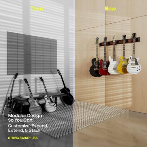 String Swing Guitar Wall Rack, Multiple Guitar Wall Mount, Guitar Organizer for Acoustic & Electric Guitars, 5 Padded Arm Hangers & Black Walnut Slatwall Rail, Wall Mount Guitar Rack - MADE IN USA - Image 8