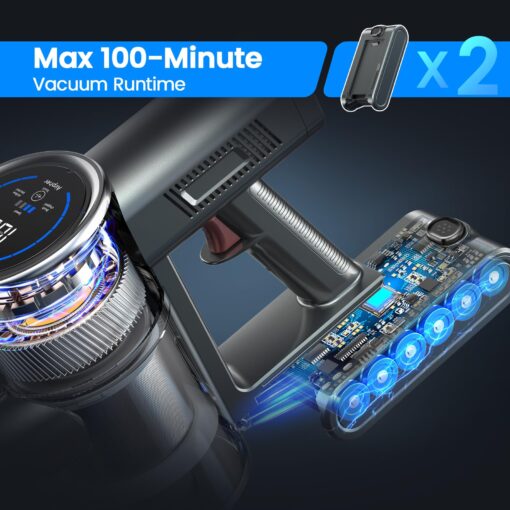 Cordless Vacuum Cleaner, 2 Batteries 100 Mins Runtime Vacuum Cleaners for Home, 350W 35KPA Stick Vacuum with LED Display Brushless Motor, Vacuum Cleaner for Carpet & Hard Floor Pet Hair - Image 7