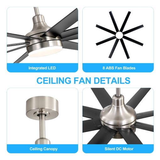 Breezary 65" Large Ceiling Fans with Lights and Remote, 8-Blade, Reversible DC Motor, 6-Speed, Timer, Industrial Ceiling Fans with Led Light Chandelier for Bedroom Office (Satin Nickel & Black) - Image 4