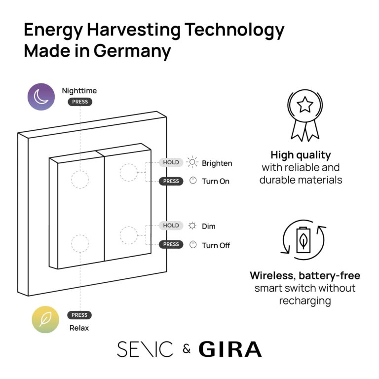 GIRA + Senic Friends of Hue Smart Switches | Compatible with Philips Hue (No Batteries, No Charging) | Wireless Homekit Light Switch and Dimmer | Made in Germany | 3 GIRA Light Switches White Matt - Image 6
