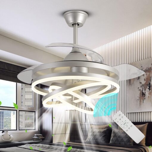 Zenouidle 42" Retractable Ceiling Fan with Lights and Remote,Invisible LED Rings Fandeliers Modern Chandelier Ceiling Fans with 3 Color 6 Speed for Kitchen Bedroom（Chrome） - Image 4