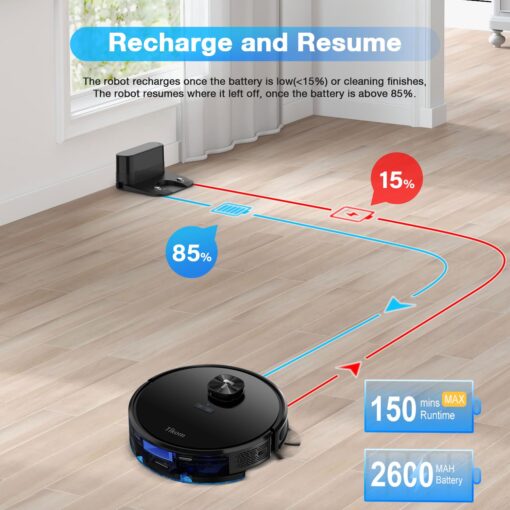 Tikom Robot Vacuum and Mop Combo with LiDAR Navigation, L9000 Robotic Vacuum Cleaner with 4000Pa Suction,150Min Max, 14 No-Go Zones, Smart Mapping, Good for Pet Hair, Carpet, Hard Floor(Dark Black) - Image 2