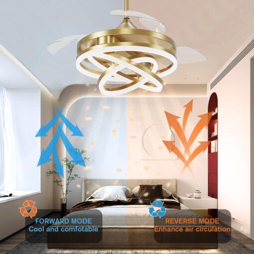 TXCSLY Retractable Ceiling Fan, 42 Inch Chandelier Ceiling Fan with Light, Modern Fandelier Ceiling Fan for Bedroom Living Room Dinning Room, Reverse Motor, 3 Color, 6 Wind Speed, Gold - Image 6