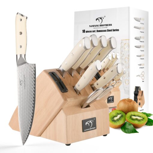 NANFANG BROTHERS Damascus Knife Sets, 10 Pieces for Kitchen with Block, Kitchen Knife Set with Block, ABS Ergonomic Handle for Chef Knife Set and Kitchen Shear - Image 2