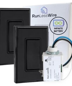 RunLessWire 3-Way Remote Light Switch Kit Wireless Battery-Free Self-Powered Kinetic DIY Wall Switch 150ft RF Range - 3 Way: 1 On/Off Receiver, 2 Switches - Black