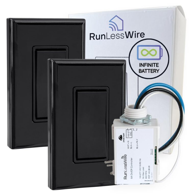 RunLessWire 3-Way Remote Light Switch Kit Wireless Battery-Free Self-Powered Kinetic DIY Wall Switch 150ft RF Range - 3 Way: 1 On/Off Receiver, 2 Switches - Black