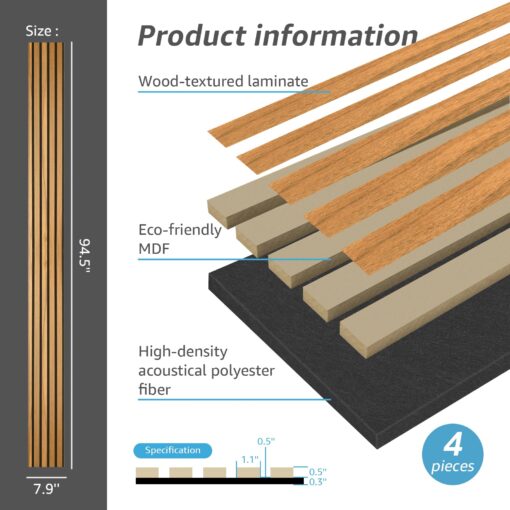 Art3d 4-Pack Acoustic Wood Slat Wall Panels for Interior Decor, 3D Fluted Sound Absorbing Wood Paneling for Accent Wall Ceiling Kitchen Living Room Bedroom Office, 94.5 x 7.9 inch Warm Teak - Image 5