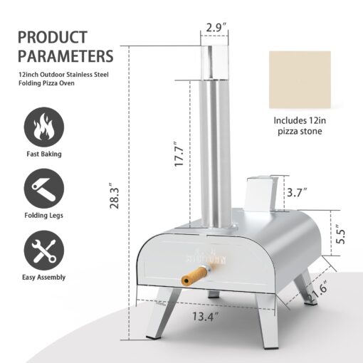 BIG HORN OUTDOORS Pizza Ovens Wood Pellet 12” Pizza Oven Cooking Pizza Maker Portable Stainless Steel Pizza Grill, Silver Portable Party use - Image 8