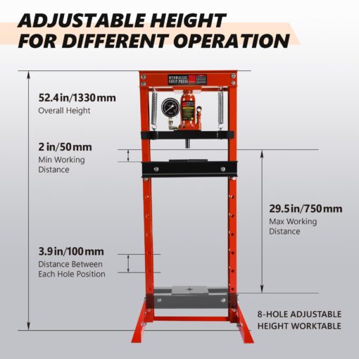 12 Ton Hydraulic Press, H-Frame Garage Floor Shop Press with Built-in Relief Valve & Pressure Gauge to Bend, Straighten, Or Press Parts, Install Bearings & U-Joints - Image 6