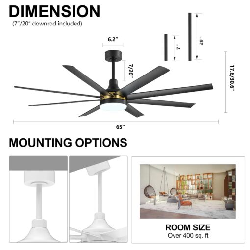 Breezary 65 Inch Ceiling Fan with Light and Remote, 8-Blade, Reversible DC Motor, 6-Speed, Timer, Industrial Ceiling Fans with Led Light Chandelier for Bedroom Office (Black & Gold + 8 Black Blade) - Image 4