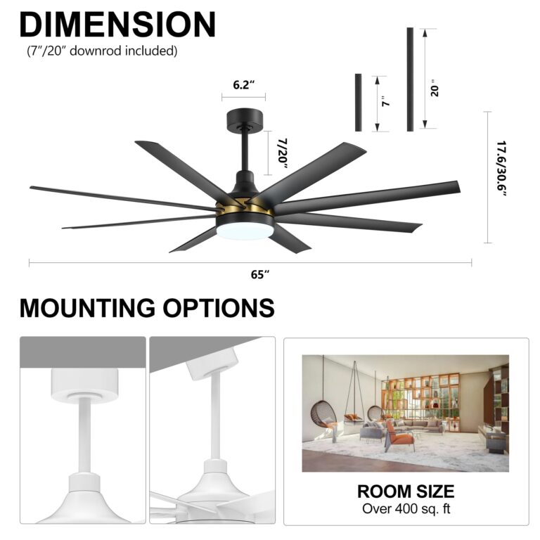 Breezary 65 Inch Ceiling Fan with Light and Remote, 8-Blade, Reversible DC Motor, 6-Speed, Timer, Industrial Ceiling Fans with Led Light Chandelier for Bedroom Office (Black & Gold + 8 Black Blade) - Image 4