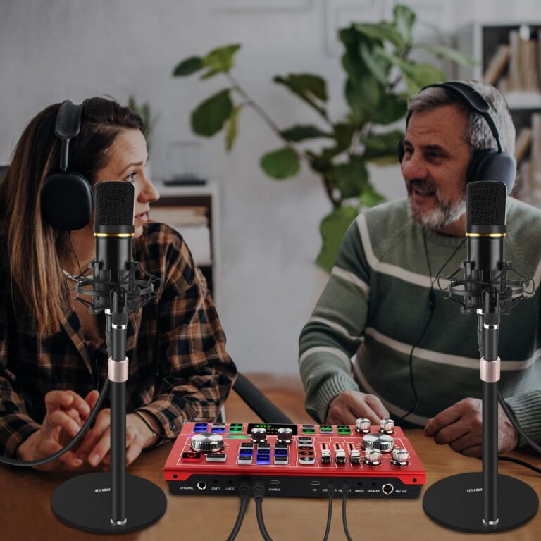 Hayner-Seek Podcast Equipment Bundle for 2,Audio Interface DJ Mixer With 3.5mm XLR Condenser Microphone for Living Streaming,Recording,Gaming,TikTok,YouTube,PC,Smartphone (Red) - Image 2