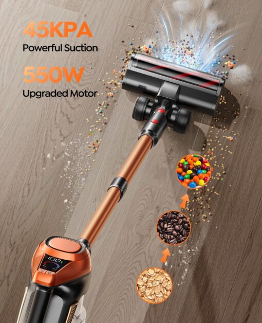 Fieety Cordless Vacuum Cleaner, 550W/45Kpa Vacuum Cleaners for Home with LED Screen, Max 60 Mins Runtime, Noise Reduction Tech, Anti-Tangle Stick Vacuum for Pet Hair Carpet and Hardfloor - Image 8