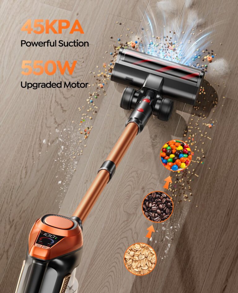 Fieety Cordless Vacuum Cleaner, 550W/45Kpa Vacuum Cleaners for Home with LED Screen, Max 60 Mins Runtime, Noise Reduction Tech, Anti-Tangle Stick Vacuum for Pet Hair Carpet and Hardfloor - Image 8