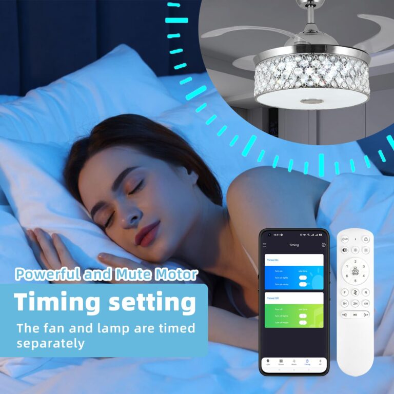 Retractable Crystal Ceiling Fan With Light and Remote/APP Control, Bluetooth Speaker, RGB LED Light, 6 Speeds Reversible Blades, Chandelier for Bedroom Living Room - Image 2