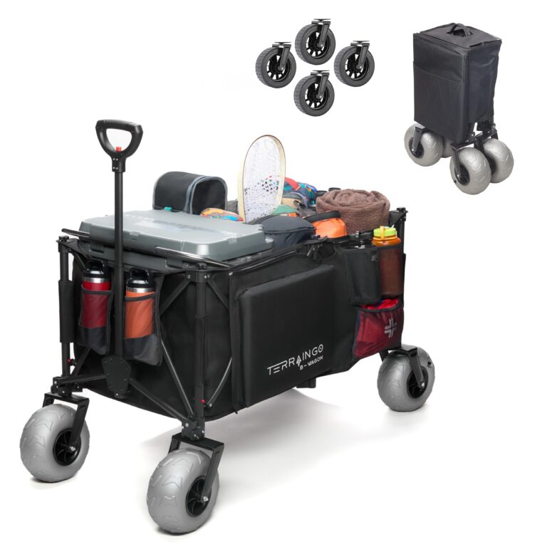 310L Extra/Large Foldable Wagon Cart, 47” 550LB Inlfatable Beach & All-Terrain Wheels, Utility Cart for Garden, Fishing, Groceries, Sports – Built-in Cooler Pouch, Storage Pockets & Cupholders