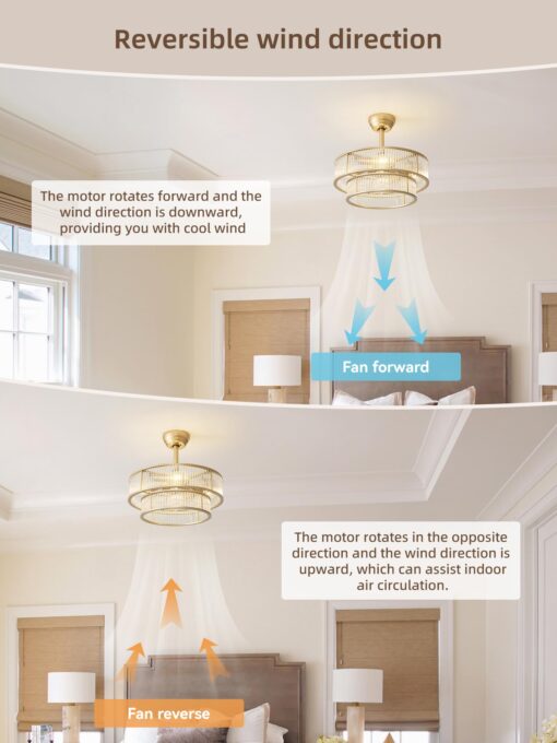 YADZSLY Gold Fandelier Ceiling Fans with Lights, 20" Gold Crystal Chandelier Ceiling Fan with Light Remote Control, Caged Mid Century with 6 Speeds for Bedroom, Living Room, Nursery - Image 5