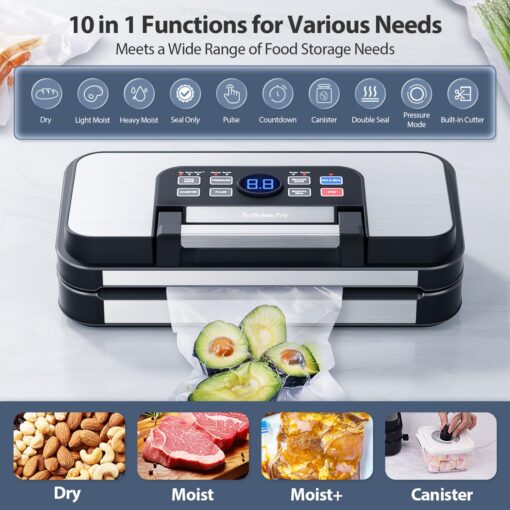 95Kpa Powerful Precision Pro Vacuum Sealer, with 10-in-1 Functions, Easy-Lock Handle, Double Heat Seal & Double Pump, Vacuum Sealer Machine for Food with Bags Storage, Built-in Cutter,Stainless Steel - Image 6