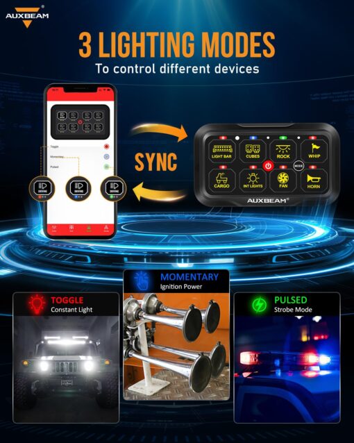 Auxbeam RGB Bluetooth 8 Gang Switch Panel AR-820 Toggle Momentary Pulsed Switch Pod for Truck UTV Offroad Boat Auxiliary LED Light Controller with Circuit Relay System Box Waterproof, 2-Year Warranty - Image 9
