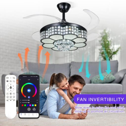 BAYSQUIRREL Retractable Crystal Ceiling Fan with Light, Bluetooth Ceiling Fans with Speaker and Remote/APP Control, 6 Speeds Reversible Blades, RGB-LED Dimmable Chandelier Ceiling Fan - Image 3