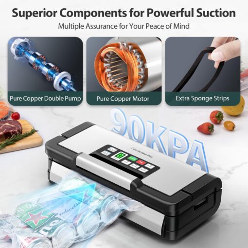 Beelicious Pro 90Kpa Powerful Vacuum Sealer, with 10-in-1 Functions,Double Seal & Double Pump,Built-in Cutter&Hose,Handle-Ease Design, Vacuum Sealer Machine for Food with Bags Storage, Stainless Steel - Image 6
