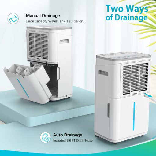 HUMILABS 50 Pint 4500 Sq.Ft Home Dehumidifiers, 1.7 Gallon Tank Dehumidifier for Basement with Drain Hose, Auto/Quiet Sleep/Dry Mode - Image 2
