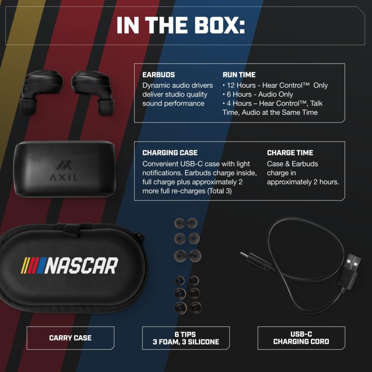 AXIL XCOR PRO NASCAR Wireless Earbuds Bluetooth — HearPRO Buds with Touch Control — Bluetooth Enhancement — Hearing Protection — Dust & Water Resistant — Wind Resistant True Wireless Earbuds - Image 2
