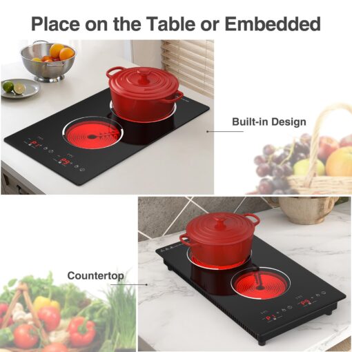 VBGK Electric Cooktop, 12 Inch Built-in Radiant Electric Stove Top,110V 2100W Electric burner with 2 Burners, 9 Heating Level, Timer & Kid Safety Lock, Sensor Touch Control 2 burner Induction Cooktop - Image 5