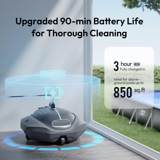 BUBLUE Bubot 300P Cordless Robotic Pool Cleaner, Pool Vacuum, Bluehole Suction, Dual Motors, DirtLock 2.0, Quick Charging, 90-Min Runtime for Above-Ground Flat Pools up to 850 Sq.Ft, Space Gray - Image 2