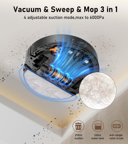 NADALY D200 Robot Vacuum and Mop Combo, Lidar Navigation Robot Vacuum Cleaner, 6000Pa Suction, 200Mins Runtime, Wi-Fi/App/Alexa Control, Self-Recharging Robotic Vacuum for Carpet Pet Hair Hard Floor - Image 7