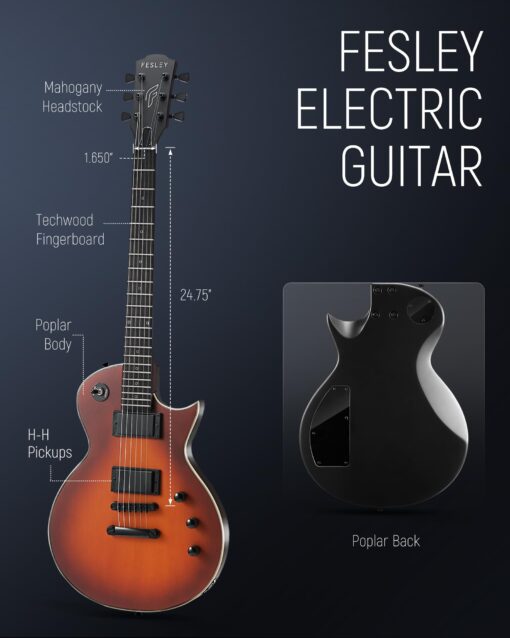 Fesley 39" LP Electric Guitar Kit:Full Size Solid Body Electric Guitars for Beginners with Humbucker Pickups,Poplar Body,Mahogany Neck,22 Frets,6 String Guitar with Gig Bag,Cable,FLP350,Matte,Sunburst - Image 8