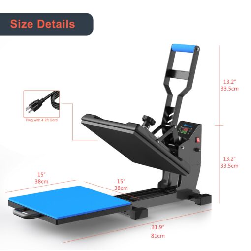 Delclynee 15"x15" Dual-Coil Heat Press Machine with Slide-Out Saftety Drawer(12.25") & Adjustable Pressure-Professional Clamshell Design for T-Shirts, HTV, DTF - Image 3