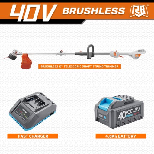 RB 17" Cordless String Trimmer, 40V Lithium Battery Weed Wacker with 4.0Ah Battery & Fast Charger & .095'' line, 2 in 1 Grass Trimmer and Edger, 2-Speed Adjustable, Low Vibration Lawn Garden Tool - Image 9