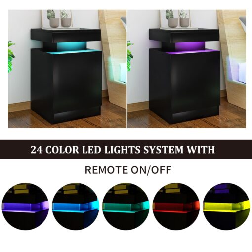 oneinmil Nightstand Set of 2 with LED Lights,Night Stand with Storage Cabinet for Bedroom,Bedside Table with LED, Black - Image 5