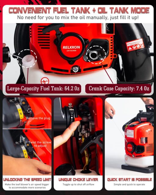 Relxxon 4-Stroke Gas Backpack Leaf Blower – 75.6cc, Heavy-Duty Yard Blower, 205 MPH/750 CFM, No Fuel Mixing, for Lawn Care and Snow Removal and Outdoor Cleanups (BBX0099) - Image 2