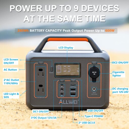 ALLWEI Portable Power Station 300W(Surge 600W), 280Wh Solar Generator with 110V Pure Sine Wave AC Outlet, 78000mAh Backup Lithium Battery Generator for CPAP Outdoor RV Camping Emergency Home Use - Image 7