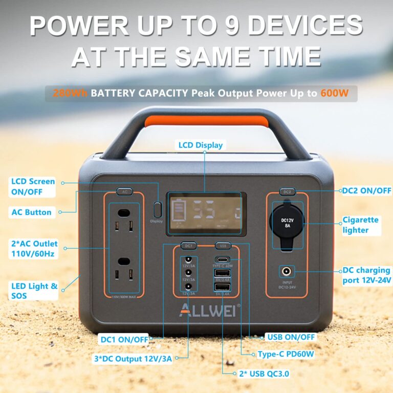 ALLWEI Portable Power Station 300W(Surge 600W), 280Wh Solar Generator with 110V Pure Sine Wave AC Outlet, 78000mAh Backup Lithium Battery Generator for CPAP Outdoor RV Camping Emergency Home Use - Image 7