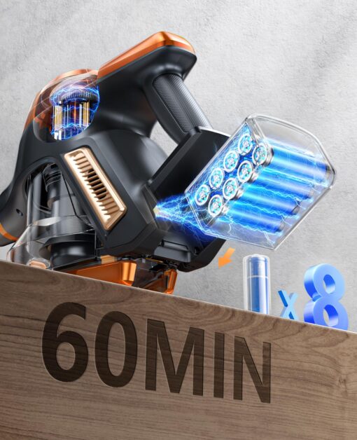 Fieety Cordless Vacuum Cleaner, 550W/45Kpa Vacuum Cleaners for Home with LED Screen, Max 60 Mins Runtime, Noise Reduction Tech, Anti-Tangle Stick Vacuum for Pet Hair Carpet and Hardfloor - Image 7