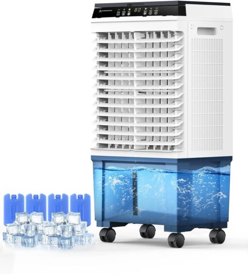 Air Choice Swamp Cooler, 1800 CFM Evaporative Air Cooler with 5.3 Gal Water Tank, 110° Swing, 3 Speeds, 4 Ice Box, Remote, 12H Timer, Portable Air Cooling Fan for Outdoor & Indoor, Gray