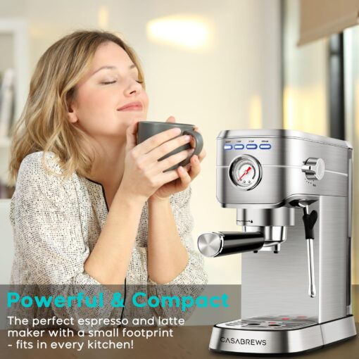 CASABREWS CM5418 Espresso Machine 20 Bar, Compact Espresso Maker with Steam Milk Frother, Stainless Steel Coffee Machine with 34oz Removable Water Tank for Cappuccino, Latte, Silver - Image 3