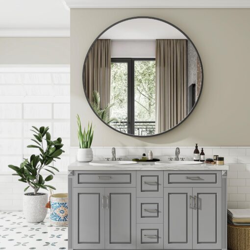 VooBang Black Round Bathroom Mirror, 48 inch Circle Modern Wall Mirror with Simple Metal Frame, Hanging for Bathroom, Hallway, Living Room, Black Frame - Image 3