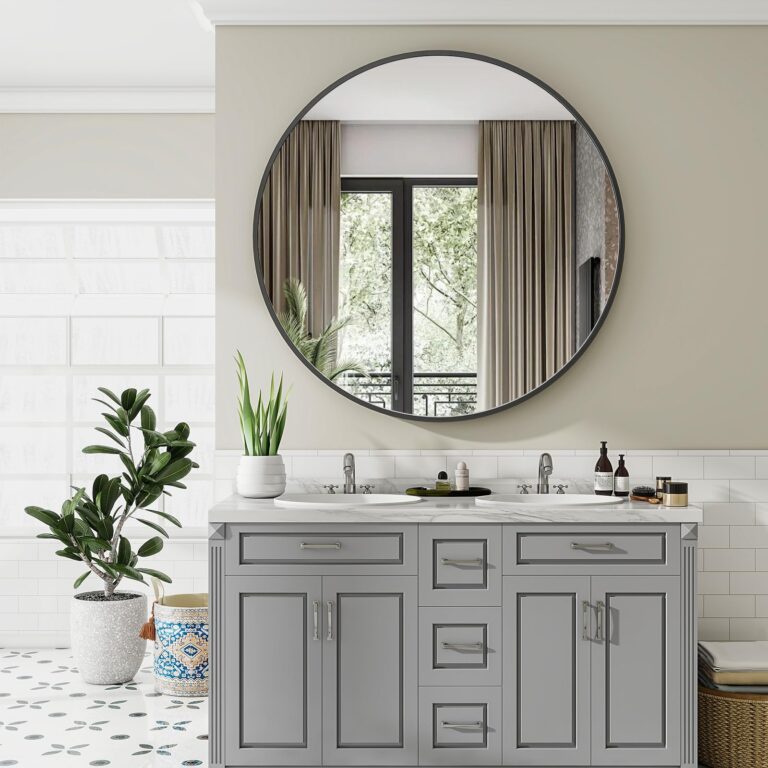 VooBang Black Round Bathroom Mirror, 48 inch Circle Modern Wall Mirror with Simple Metal Frame, Hanging for Bathroom, Hallway, Living Room, Black Frame - Image 3