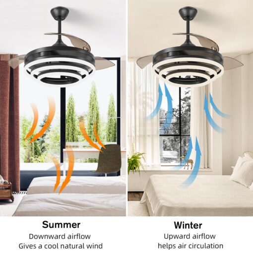TXCSLY Retractable Ceiling Fan, 42 Inch Chandelier Ceiling Fan with Light, Modern Fandelier Ceiling Fan for Bedroom Living Room Dinning Room, Reverse Motor, 3 Color Temperature, 6 Wind Speed, Black - Image 8