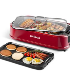 CUSIMAX Smokeless Indoor Grill, Electric Grill Griddle, 1500W Korean BBQ Grill with LED Smart Display & Tempered Glass Lid, Non-stick Removable Grill Plate & Griddle Plate, Red