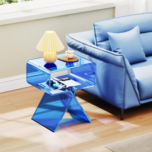 solaround Acrylic Nightstand Side Table Modern Design Clear Home Decor Display End Table for Living Room (Blue) - Image 8